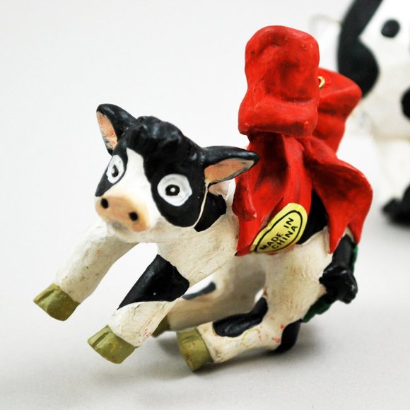 Set of 3 Cow Christmas Tree Vintage Ornaments Wood, Porcelain, Ceramic - Picture 4 of 11